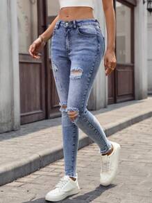 SHEIN Essnce Quần jeans skinny rách cá tính, thanh lịch, đa năng dành cho nữ - Rửa trung bình - Xem 4