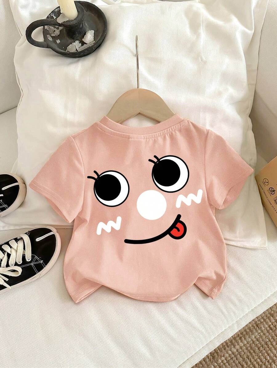 SHEIN Baby Girl Casual Short Sleeve Round Neck Top, Suitable For Summer - Baby Pink - View 1