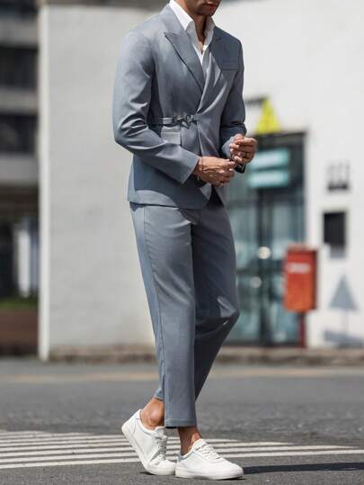 Manfinity Bizformal Conjunto de 2 piezas: Chaqueta de traje de solapa pico casual y pantalón de traje para hombre