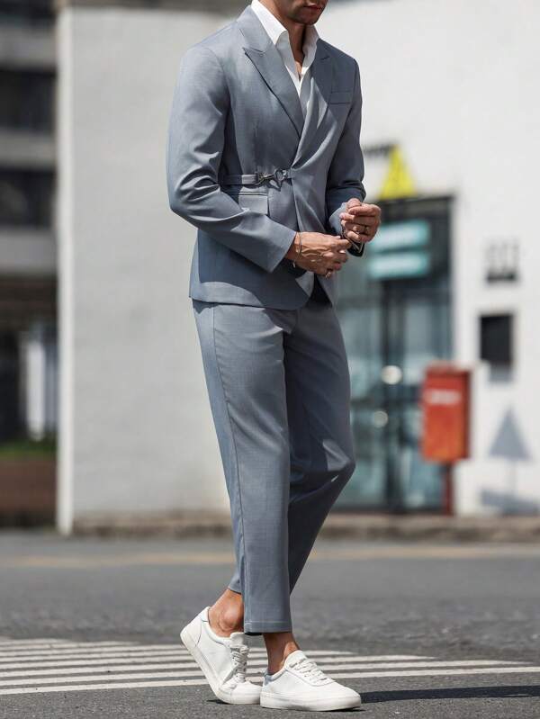 Manfinity Bizformal Conjunto de 2 piezas: Chaqueta de traje de solapa pico casual y pantalón de traje para hombre