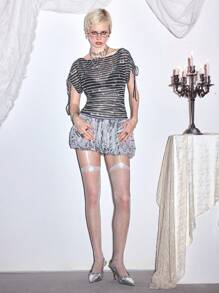 ROMWE Fairycore Camiseta de mujer de estilo gótico/hada con mangas transparentes a rayas y cordón con strass - Negro - Ver 3