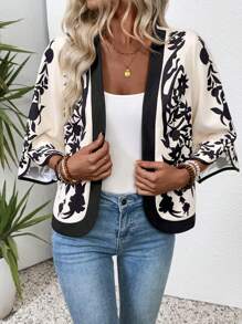 EMERY ROSE Women's Vacation Plant Print 3/4 Sleeve Loose Front Open Casual Lightweight Jacket