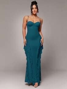 Silquee 女士优雅红色无袖紧身连衣裙，荷叶边下摆，露背，金属纽扣，花卉领带细节，适合鸡尾酒会、浪漫约会、网眼针织连衣裙、派对、婚礼嘉宾、正式活动、万圣节、圣诞节、超长款、女士夏季连衣裙、夏季连衣裙、女士夏季服装 - 水鴨藍 - 查看 3