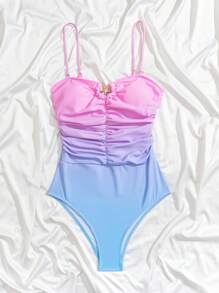 Swim Vcay Springbreak Women One-Piece Swimsuit With Metal Buckle, Ruched, Minimalist, Gradient Print Design, Flattering For Summer Beach Vacation - Multicolor - View 4