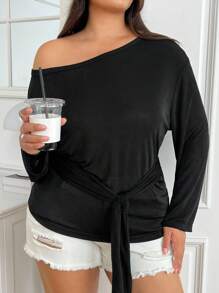 SHEIN EZwear 大码休闲度假宽松系肩卫衣，舒适居家和夏季 - 黑色 - 查看 3