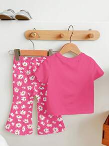 SHEIN Leap Crew 女宝宝休闲简约短袖圆领长裤套装，适合春夏季 - 彩色 - 查看 2