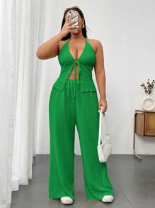 SHEIN MOOSTA Plus Size Women Summer Casual Solid Color Textured Spaghetti Strap Top & Pants 2pc Set - Green - View 4