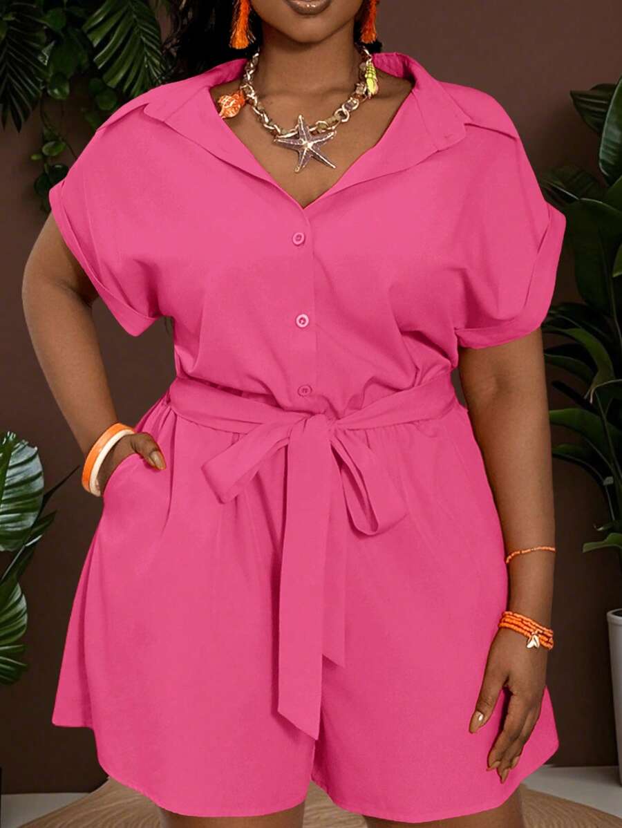 Slaydiva 2025 New Fashion Rave/Easter Outfit, Old Money Style, Country Concert Outfit, Going Out Outfit, Fairycore, Festival Outfit, Tropical Vacation Outfit, Summer Outfit For Women, Casual Everyday All-Match Romper With Belt, Women Summer Rompers - Hot Pink - View 1