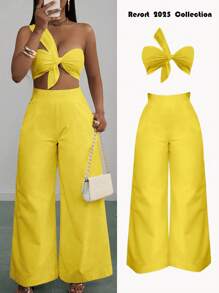 Zivah New Spring And Summer Casual And Elegant Vacation One-Shoulder Chest Knotted Strap Design Back Cropped Top + Wide-Leg Super Trousers White Woven Women's Two Pieces Set-A