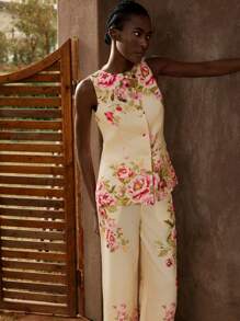 Maija Completo elegante da donna con vestaglia smanicata e pantaloni slim dritti, stampa di peonie, design in vita arricciato, chic per vacanze primavera/estate, feste, vita raccolta