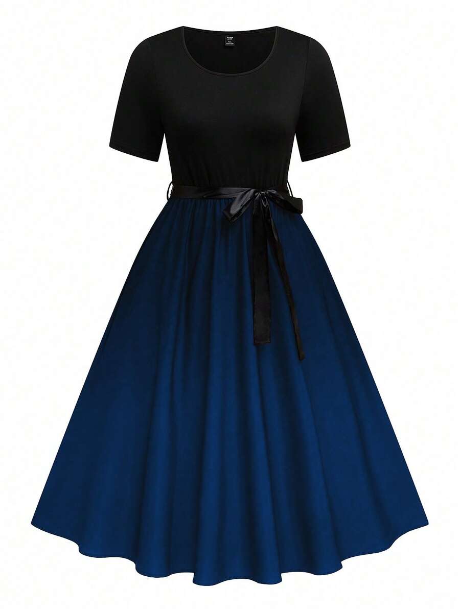 SHEIN Clasi Elegante vestido largo de manga larga con estampado floral degradado en negro y rojo, cuello redondo, ideal para mujer talla grande, versátil para uso casual, de fiesta o de oficina, adecuado para primavera, verano y otoño - Azul - Ver 1