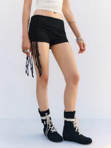 LYSMO 2025 新款女式单面抽绳褶皱修身超短裤，户外休闲装，性感气质 - 黑色 - 查看 4