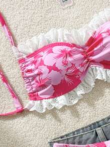 Swim Mod 2pcs/Set Random Floral Print Adjustable Spaghetti Strap Ruffles Decor Wireless Top And Swim Shorts, Women Summer Beach Holiday Bikini Set - Multicolor - View 3