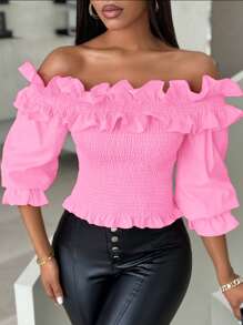 Xyvia Blusa corta con hombros descubiertos y decoración de volantes de color único para mujeres - Rosa - Ver 6