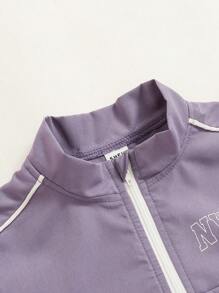 SHEIN 2pcs/Set Boy's Sports Style Purple Woven Half-Zip Top And Shorts Set, Suitable For Outdoor Activities, Summer - Purple - View 6