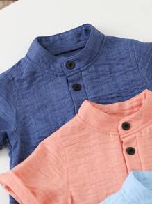 SHEIN Vintaside Kids Bộ 3 áo quần cho bé trai, áo sơ mi cổ đứng cài nút màu xanh, hồng, áo tay ngắn mềm mại, thoải mái, thích hợp mặc hàng ngày, du lịch, mùa xuân hoặc mùa hè, áo sơ mi 6 tháng-3 tuổi - Hồng - Xem 4