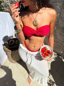 Swim Vcay Women's Holiday Beach Solid Color Twist Bandeau Bikini Top For Summer Beach Vacation - Red - View 4