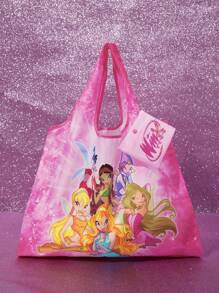 The Winx X SHEIN Túi mua sắm dễ thương có thể gấp lại với hình in nhân vật hoạt hình Bloom, Stella, Flora, Musa, Tecna, Aisha, Túi tote, Có túi nhỏ có chuỗi hạt, Có thể treo trên túi - Đỏ - Xem 2