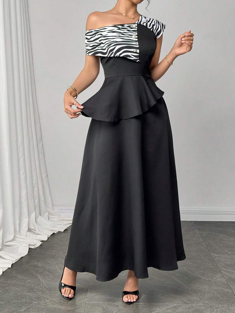 Modelyn Abito da donna stile coreano, a vita stretta, con linea ad A, colletto asimmetrico e fantasia principe di galles lungo - Multicolore - Visualizzare 1