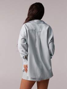 Forever 21 2pcs/Set Women Casual Striped Button-Front Long Sleeve Shirt And Shorts - Blue and White - View 2