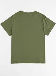SHEIN MOOSTA Camiseta de cuello redondo con estampado de letras y unicolor para mujer con tallas grandes - Verde Oliva - Ver 2