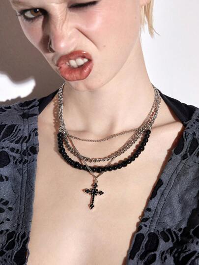 Grunge Punk 1pc Punk Style Multi-Layer Metal Lock Chain Round Beads Cross Element Necklace, High-Quality Vintage Rhinestone Inlaid Y2K Choker Necklace, Unique Design Versatile Accessory