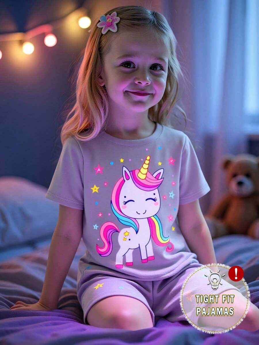 SHEIN 年轻女孩可爱独角兽印花海军蓝短袖短裤舒适两件套睡衣套装,夏季旅行 - 淡紫色 - 查看 1