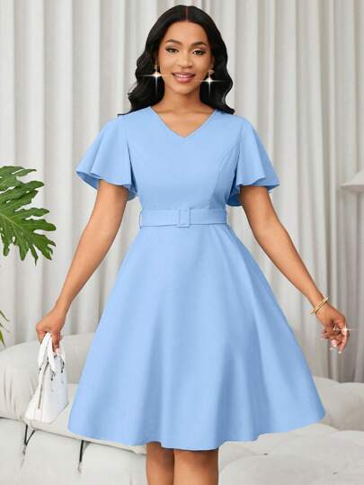 SHEIN Unity 女式夏季 V 领荷叶边短袖纯色 A 字连衣裙