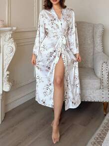 DAZY Floral Print Satin Long Robe For Women Pajama - White - View 8