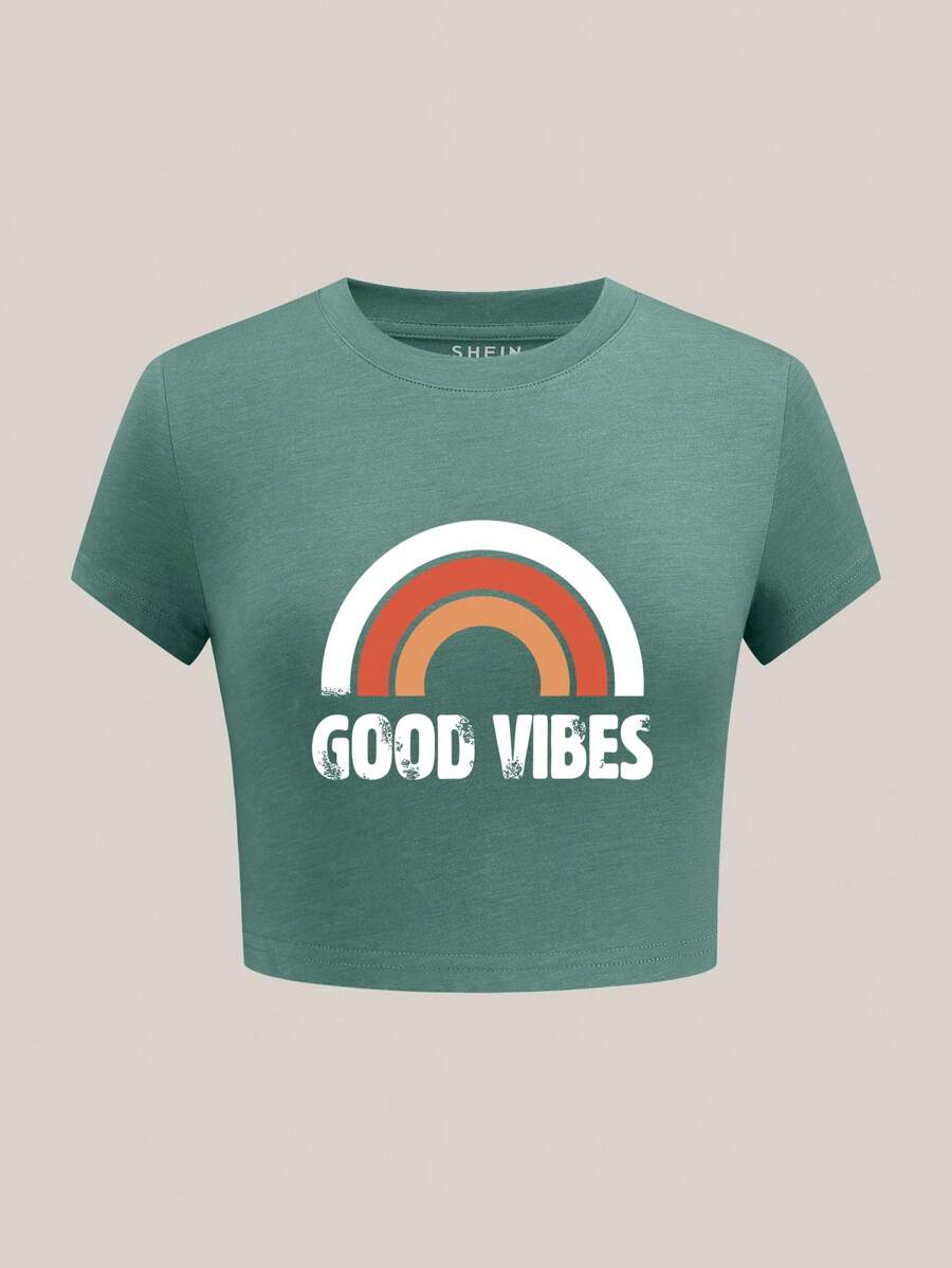 INAWLY Women's Letter Print Round Neck Short Sleeve Casual Versatile T-Shirt