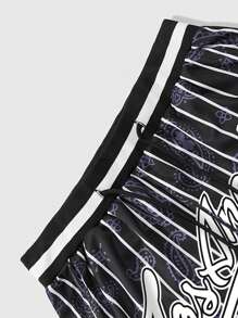 ROMWE MEN Prep Quần short nam dạo phố thường ngày với họa tiết sọc thể thao kiểu Mỹ, hoa hạt điều và số tiếng Anh - màu đen - Xem 7