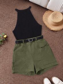 CosyJoli Conjunto de top halter y shorts negro ligeramente transparente de dos piezas, ropa de mujer de talla grande para vacaciones de verano, estilo tropical, carnaval, festivales, casual de negocios, playa