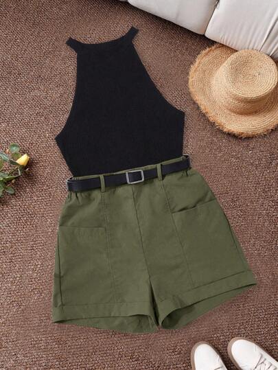 CosyJoli Conjunto de top halter y shorts negro ligeramente transparente de dos piezas, ropa de mujer de talla grande para vacaciones de verano, estilo tropical, carnaval, festivales, casual de negocios, playa