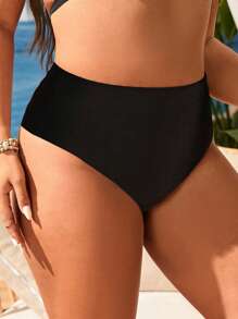 SHEIN Swim Curve Plus Size Women's One-Piece Leopard Print High Waist Ruched Bikini Bottoms For Beach Holiday Swimsuit For Summer Beach Vacation - Black - View 2