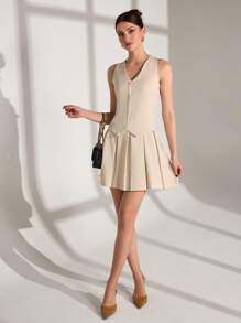 SHEIN Cottnline Elegant Solid Color Pleated Hem Commuter Dress, Summer - Cream - View 4