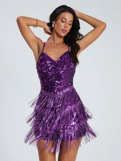 Glamine Layered Fringe Trim Sequin Cami Romper For Holiday Party Clothes, Women Dresses Birthday,Party Clothes For Women,Sequin Splicing  Fringe Halter Skirt,Cocktail Dress Short,Sexy Rave Party Women Dresses,Party Outfits