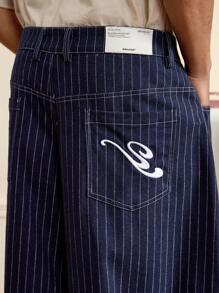 SWAVVY Men's Fashion Casual Woven Oversized Blue Striped 3D Letters Embroidered Baggy Pants, For Daily Summer School