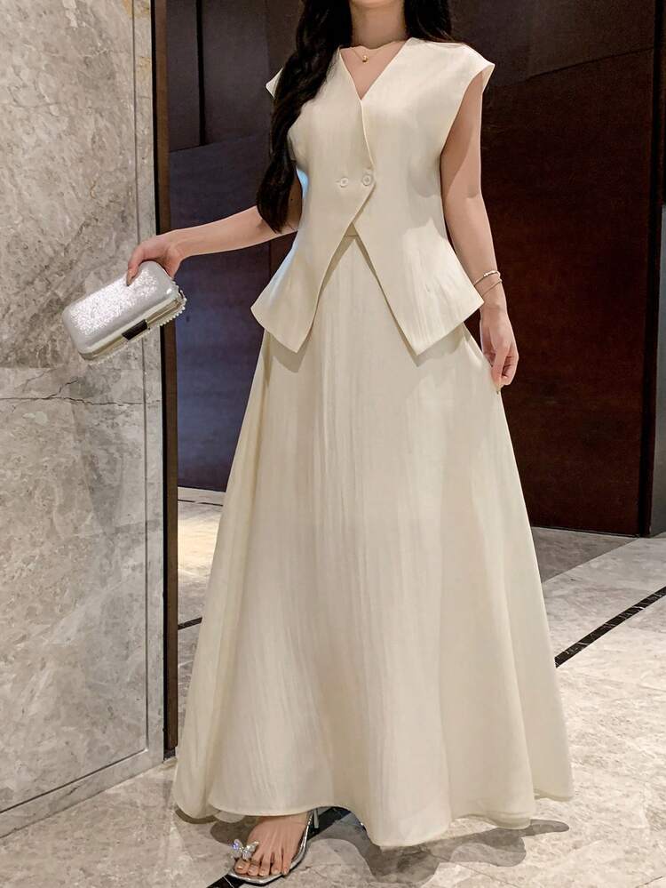 Solid Color V-Neck Camisole & Skirt 2 Pieces Set For Women