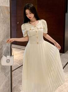 Đầm dài xếp ly cổ tròn phối nhiều mảnh dành cho nữ, đầm dạ hội thanh lịch. - Màu be - Xem 3