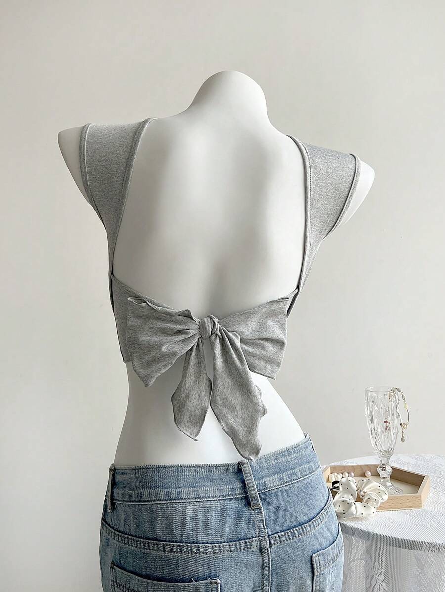 SHEIN ChicEase Sleeveless Bow Backless Tank Top, Stylish For Summer - Grey - View 1