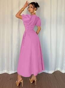 Elenzga 2025 Summer French Style Blue Regular Shoulder Puff Sleeve Ruched Tie-Up Fitted Elegant Mini Dress - Pink - View 2