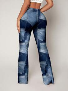 SHEIN SXY 1pc Women High Waist Denim Effect Flare Leg Pants, Suitable For Autumn And Winter,Outgoing - Blue - View 1