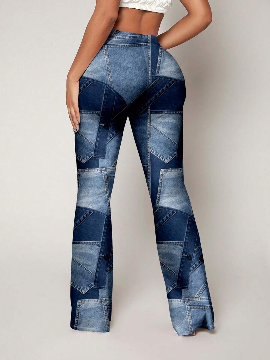SHEIN SXY 1pc Women High Waist Denim Effect Flare Leg Pants, Suitable For Autumn And Winter,Outgoing - Blue - View 1