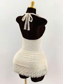 Amplova Ruffled Wrap-Around Ribbon Tie Neck Backless Floral Lace Trim Bodycon Mini Dress