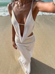 Opulessa Summer Beach Vacation Sexy Elegant Ocean 2pcs/Set Women Solid Color Draped Neck Top & Low Waist Skirt Set