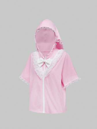 Kawaii Camiseta con capucha de manga corta con decoración de orejas de conejo linda