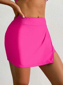 Swim Lushoire Women's Beach, Solid Color Elegant Side Slit Beach Boardshorts, Swimsuit Bottom - Hot Pink - View 5