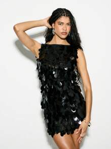 KIZN Glamorous Large Paillette Sequin Mini Party Dress Backless Evening Special Occasion Festival Holiday Club Dance Celebration Statement NYE - Black - View 4