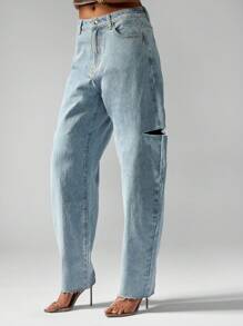 MISSGUIDED High Rise Ripped Straight Leg Jeans Relaxed Boyfriend Style Distressed Raw Edge Ankle Length Fashion Casual Streetwear - Blue - View 8