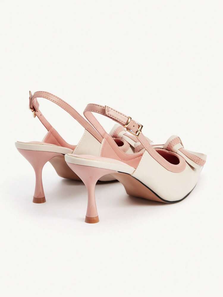 CUCCOO CHICEST Women's Pointed Toe Colorblock Pumps With Bow Accent, Elegant Kitten Heels For Work, Date, Afternoon Tea, Faux Leather, Pink & Beige For Christmas Elegant Shoes Wedding Shoes Summer Shoes Bride Shoes